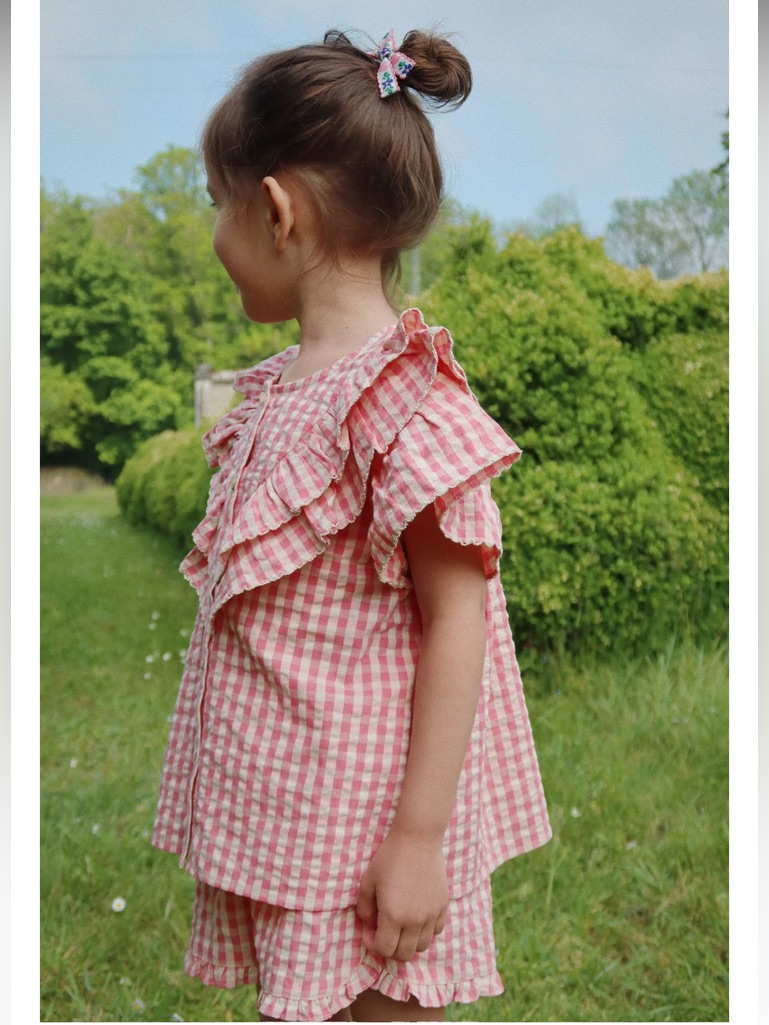 Konges Slojd Kim Frill Short Sleeve Gingham Check Blouse Nwt